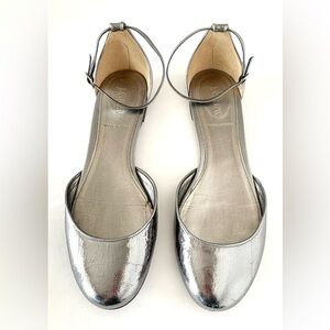 J. Crew d’Orsay silhouette ballet flat with ankle strap in silver crackle.